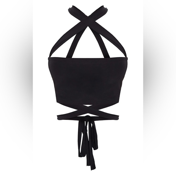 PrettyLittleThing Black Strappy Lace Up Tube Crop Top 4 - Picture 2 of 10